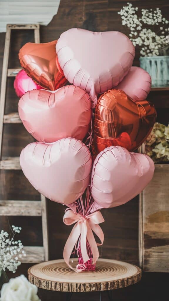 A bouquet of heart-shaped balloons in pink and red, tied with a pink ribbon, standing on a wooden swirl-patterned table with a rustic background.