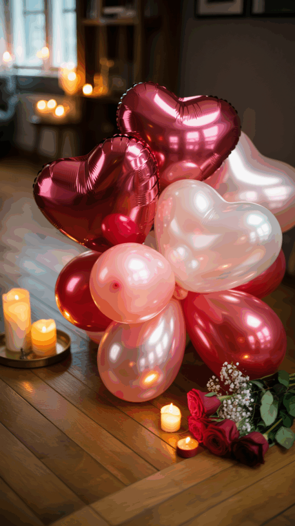 A romantic setting featuring heart-shaped and round balloons in red and pink hues, surrounded by lit candles on a wooden floor, with a bouquet of red roses nearby.