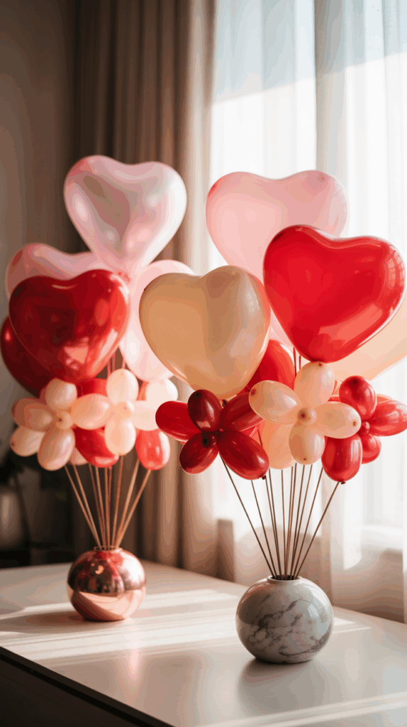 Bouquets of heart-shaped and flower-shaped balloons in shades of red, pink, and cream are arranged in round vases on a sunlit table.
