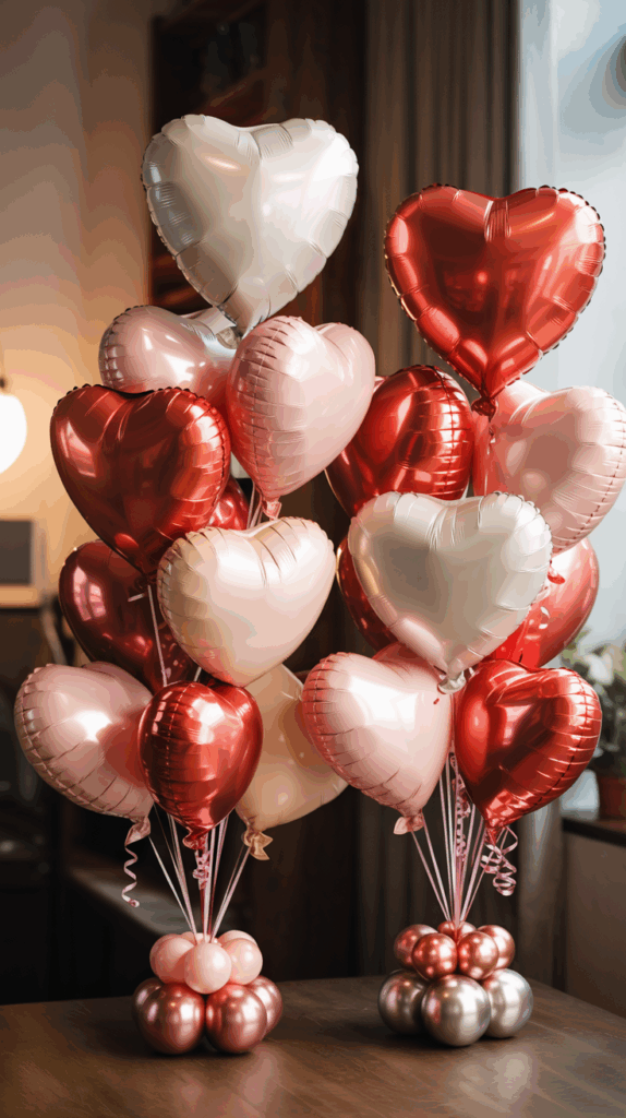 Two clusters of heart-shaped balloons in pink, white, and red colors are arranged on a wooden surface. Each cluster features smaller spherical balloons at the base and curly ribbons. Sunlight filters through a nearby window, creating a warm ambiance.