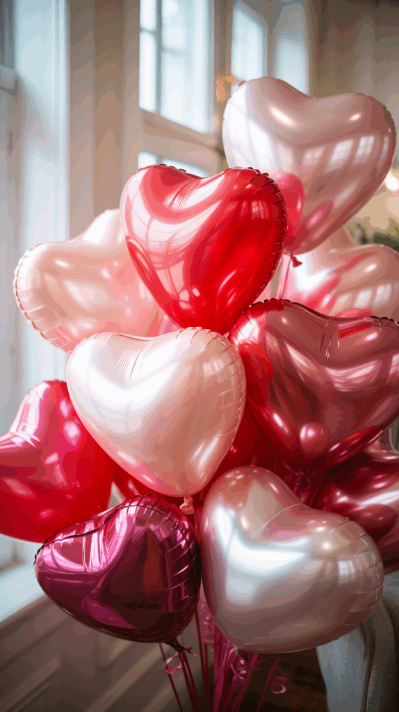 A bunch of metallic heart-shaped balloons in red, pink, and rose gold shades clustered together in a well-lit room.