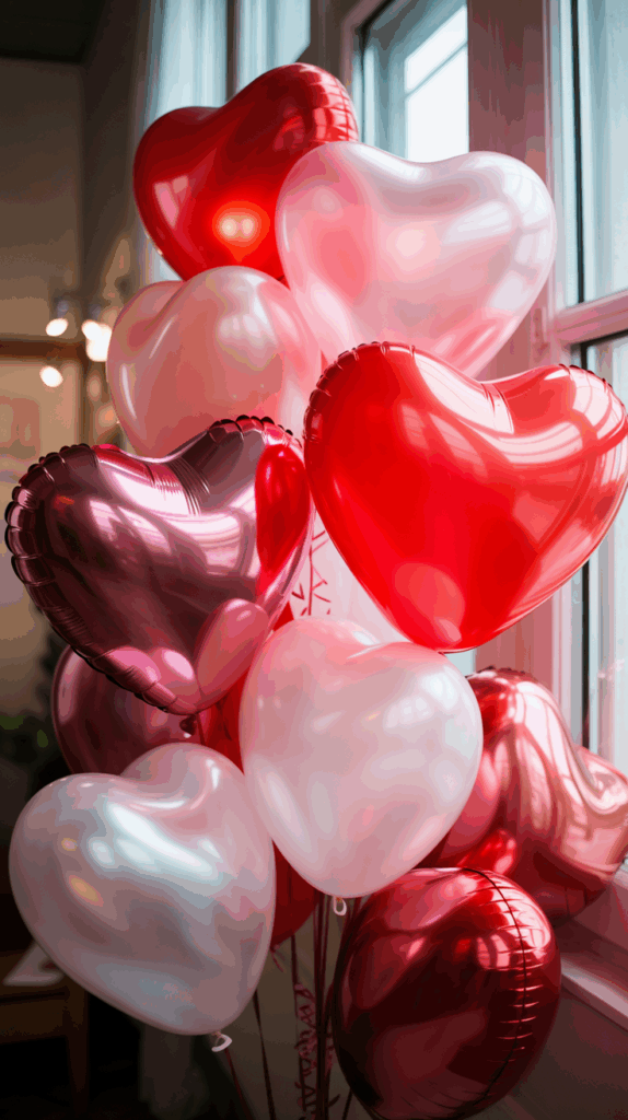 A cluster of heart-shaped balloons in red, pink, and white, floating indoors near a window with natural light streaming in.