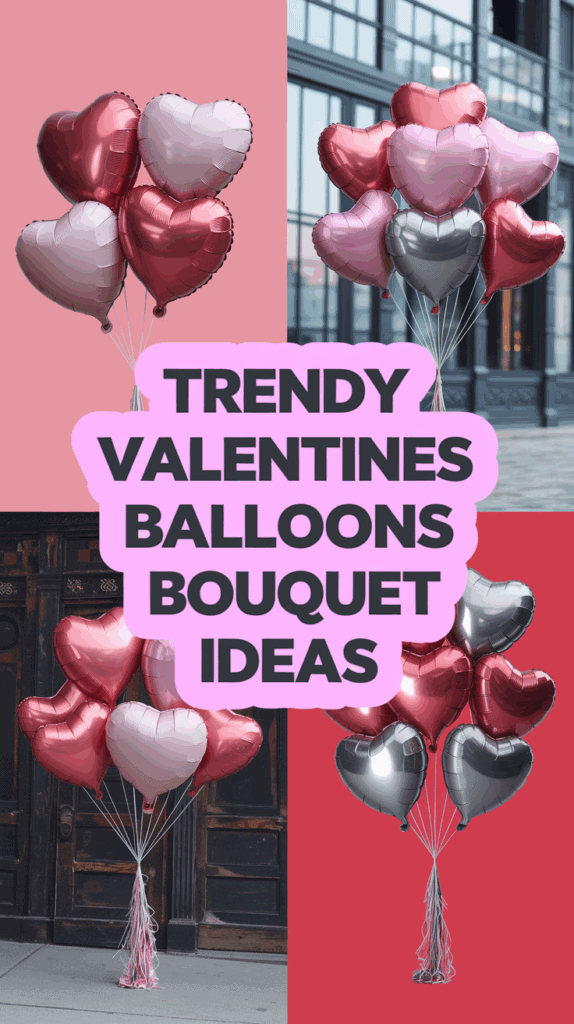 Collage of heart-shaped foil balloons in red, pink, and silver with text overlay reading 'Trendy Valentines Balloons Bouquet Ideas.'