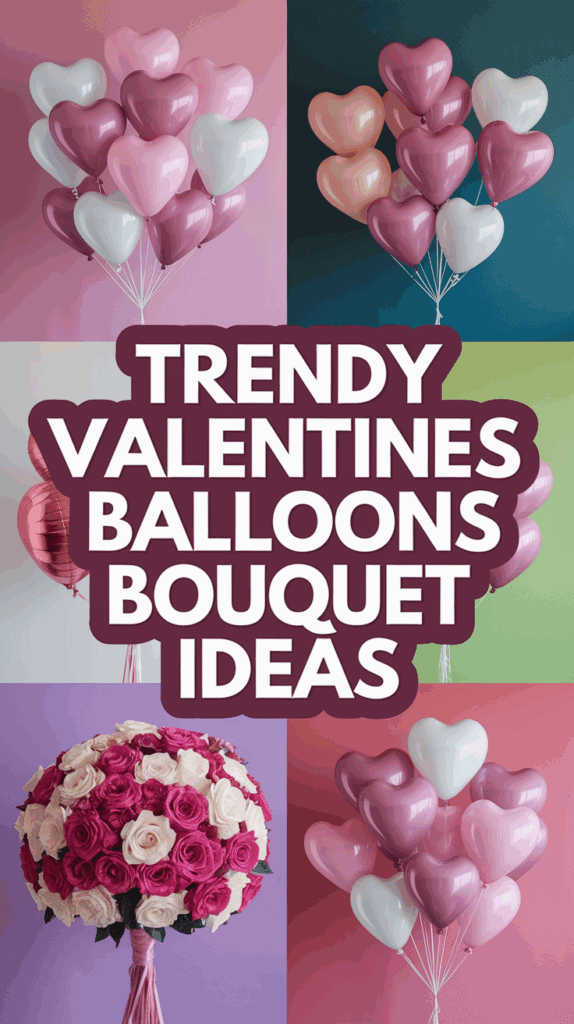 A collage of different Valentine-themed balloon arrangements and a bouquet of pink and white roses under the text 'Trendy Valentines Balloons Bouquet Ideas.' The balloons are heart-shaped in shades of pink, white, and peach against colorful backgrounds.