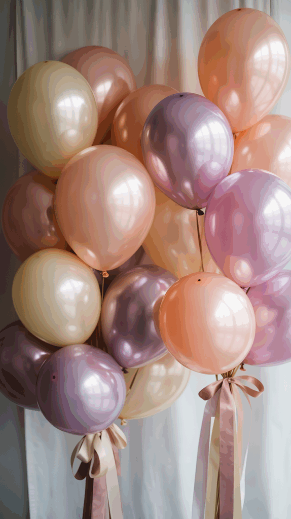 A cluster of pastel-colored balloons, including shades of peach, lavender, and cream, tied together with ribbons against a white curtain background.