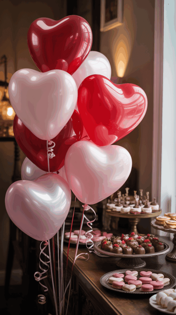 Heart-shaped red and pink balloons next to a table set with elegant trays of heart-shaped macarons and chocolate-covered strawberries.