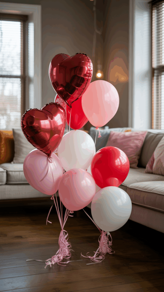 A collection of red, pink, and white balloons, including two metallic red heart-shaped balloons, positioned in a cozy living room with a sofa in the background.