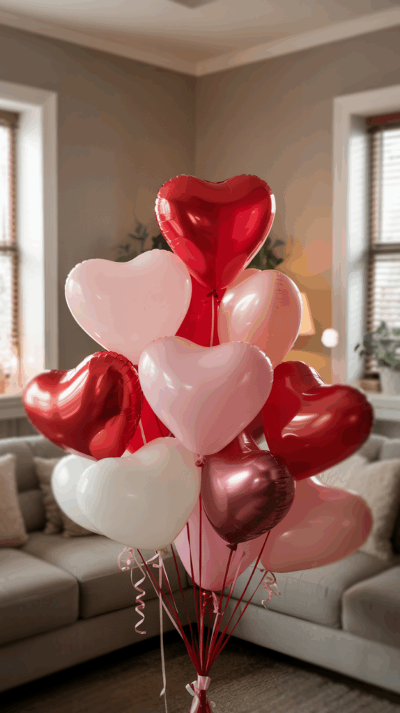 A bouquet of heart-shaped balloons in red, pink, and white, set in a cozy living room.