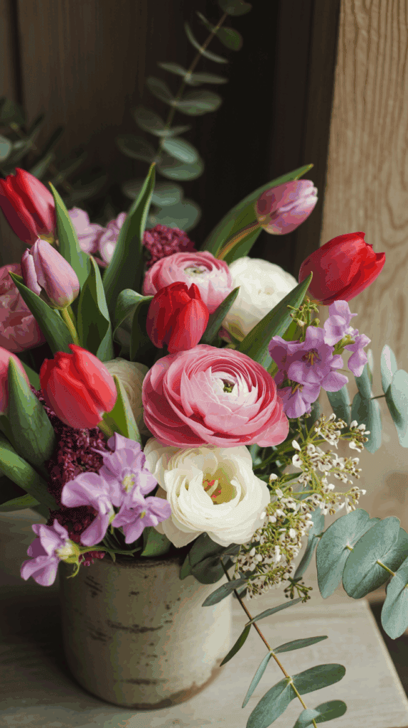 A bouquet of mixed flowers including pink tulips, red tulips, pink ranunculus, white ranunculus, and purple flowers with green foliage in a rustic ceramic vase.