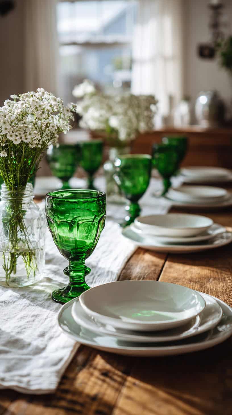 Green and White Glassware on Table Setups - Image 1