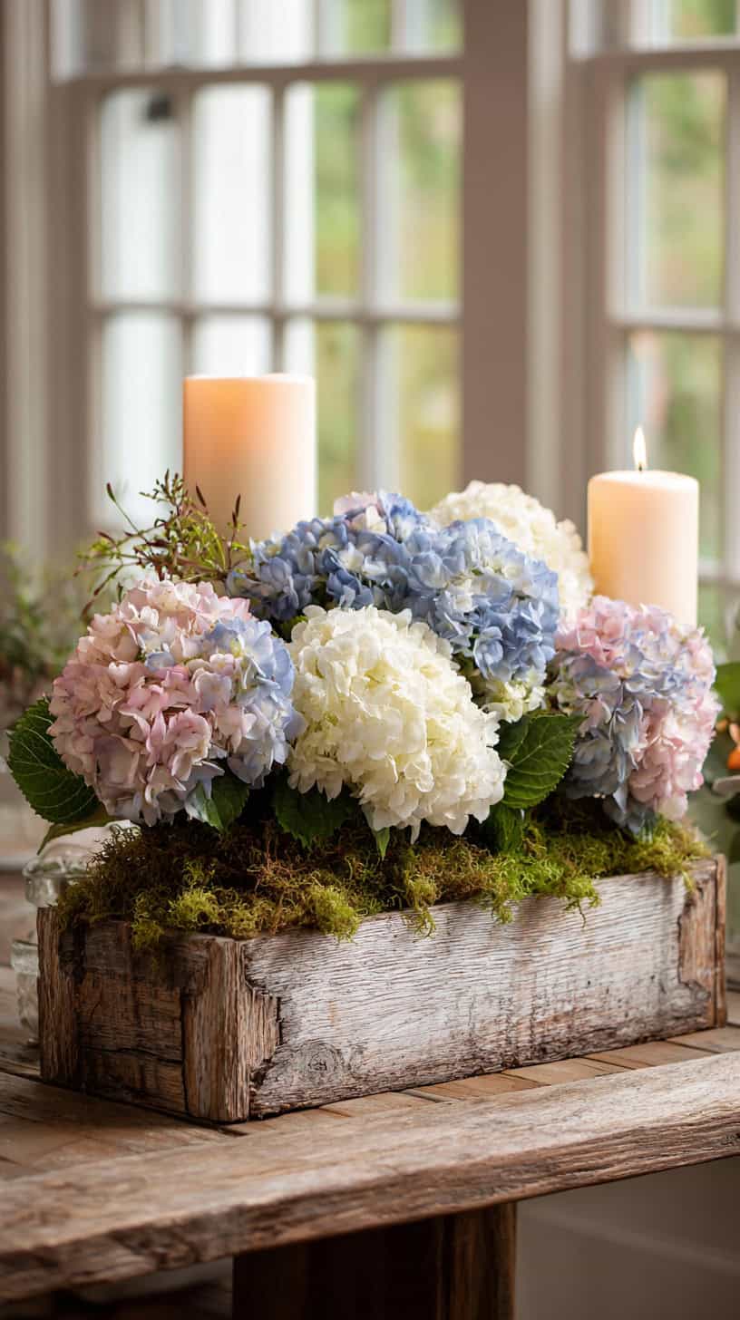 Rustic Planter Box with Hydrangeas - Image 1