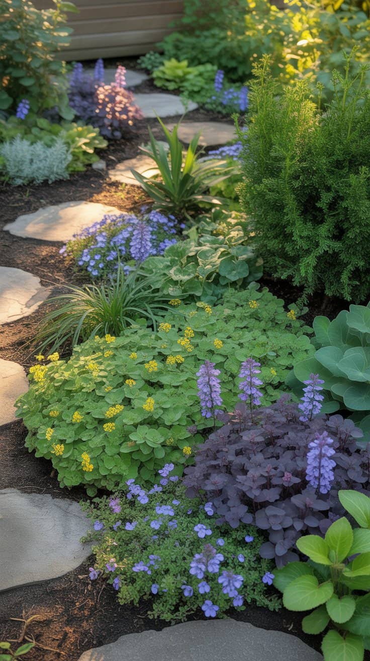 A garden pathway lined with stepping stones, surrounded by various lush plants and purple, yellow, and blue flowers.