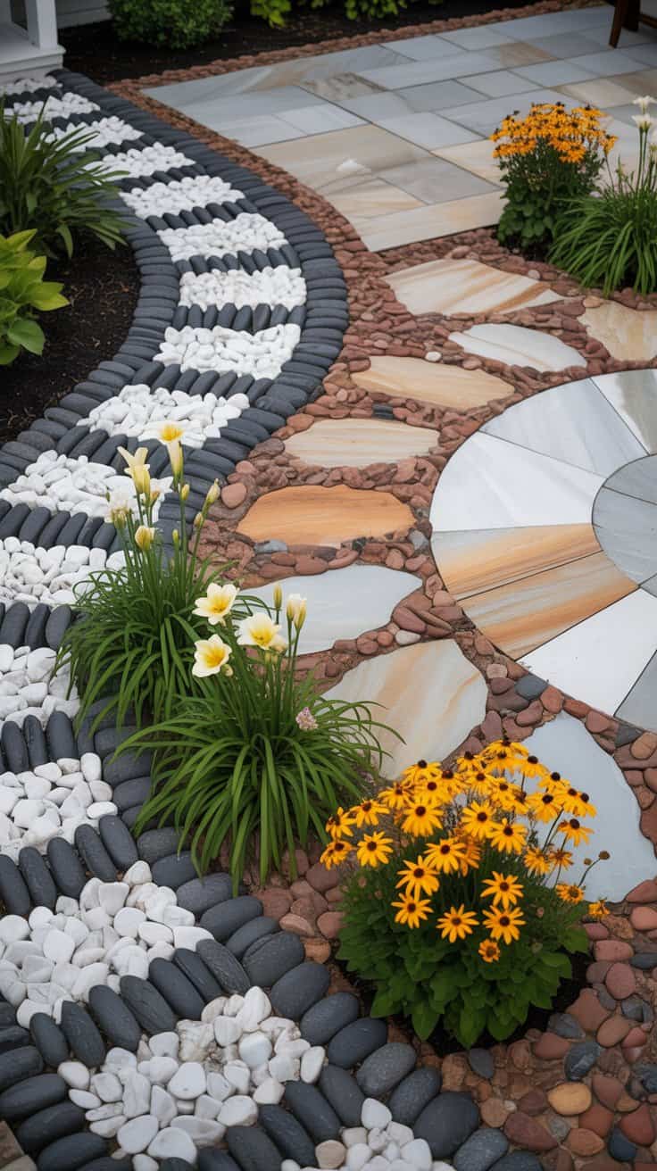 A landscaped garden path with alternating black, white, and brown stones, bordered by vibrant yellow and white flowers.