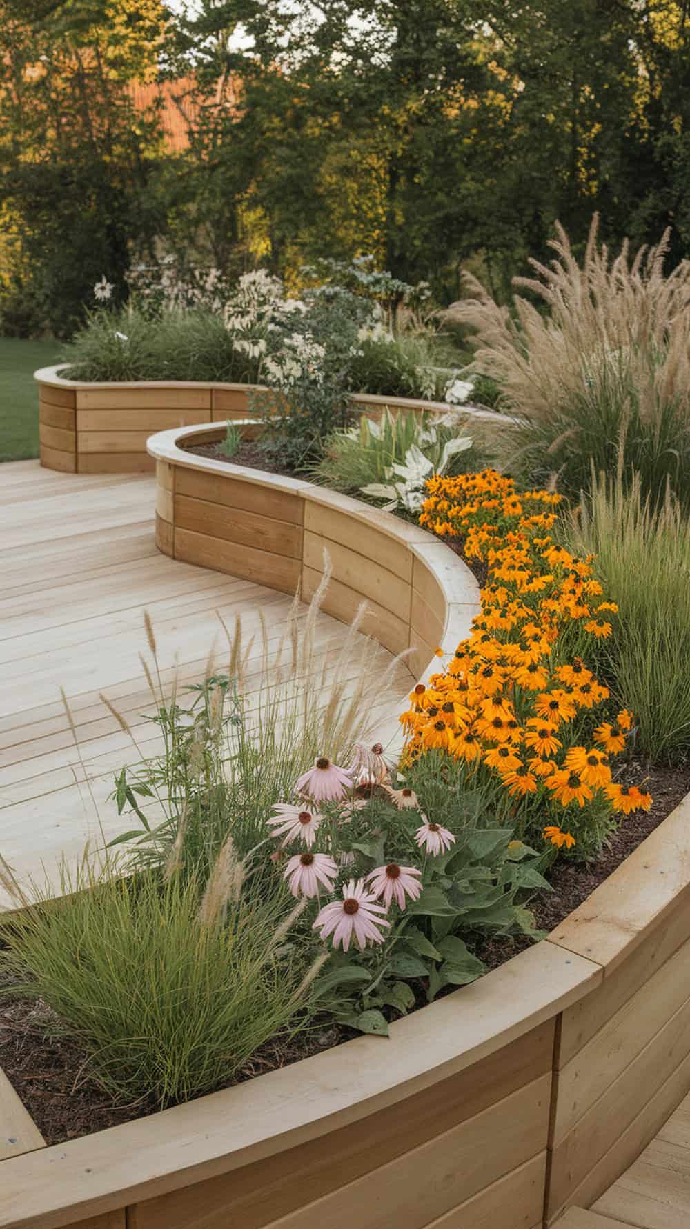 A landscaped garden with curved wooden planters filled with yellow and pink flowers, surrounded by grasses and greenery.