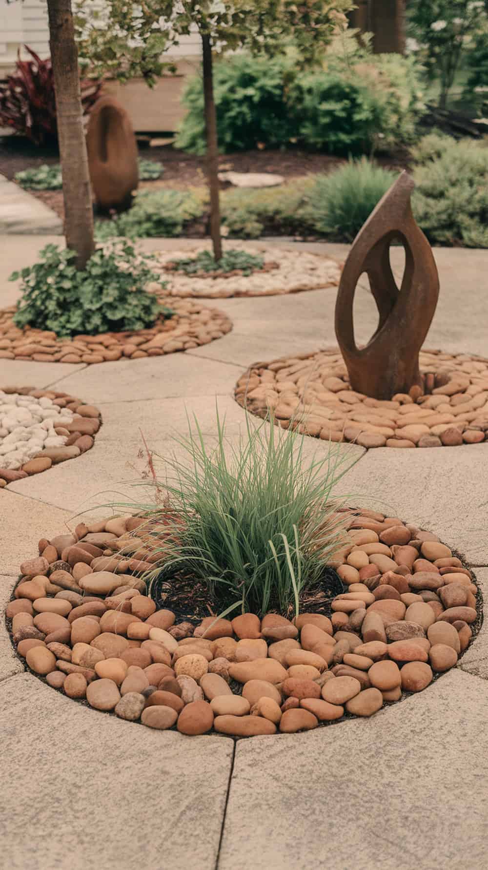 Landscaped garden with circular stone arrangements, tall grass in the center, and a metal sculpture on one side.