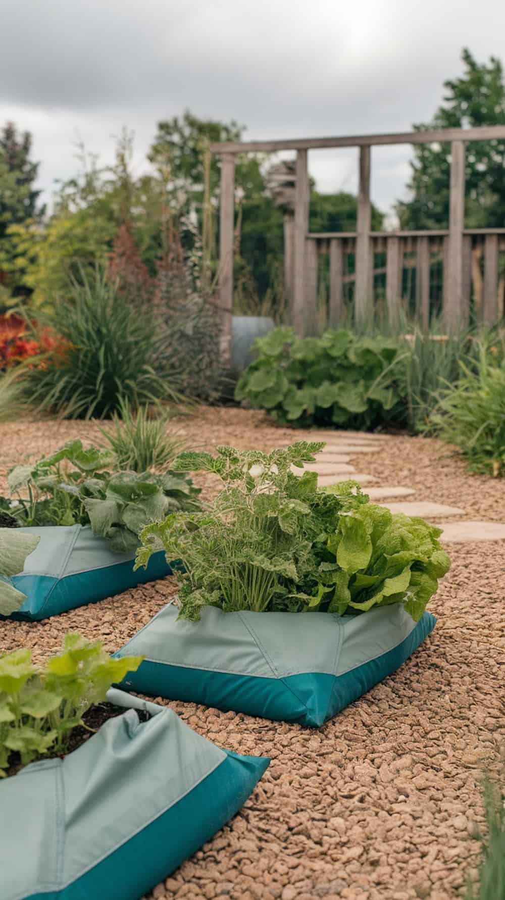 Raised garden beds with various plants in a gravel-covered garden, surrounded by greenery and a wooden fence in the background.