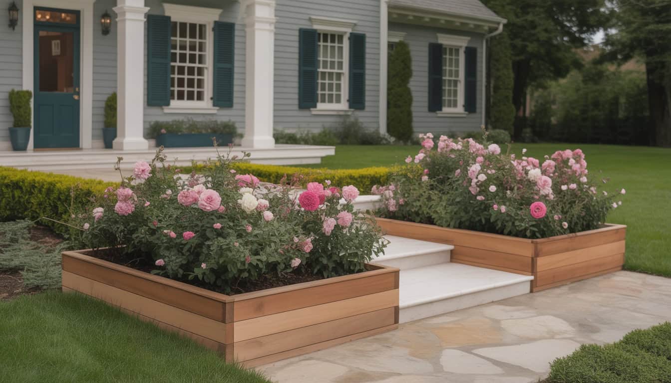 Wood Flower Beds In Front Of House Ideas for Charming Curb Appeal