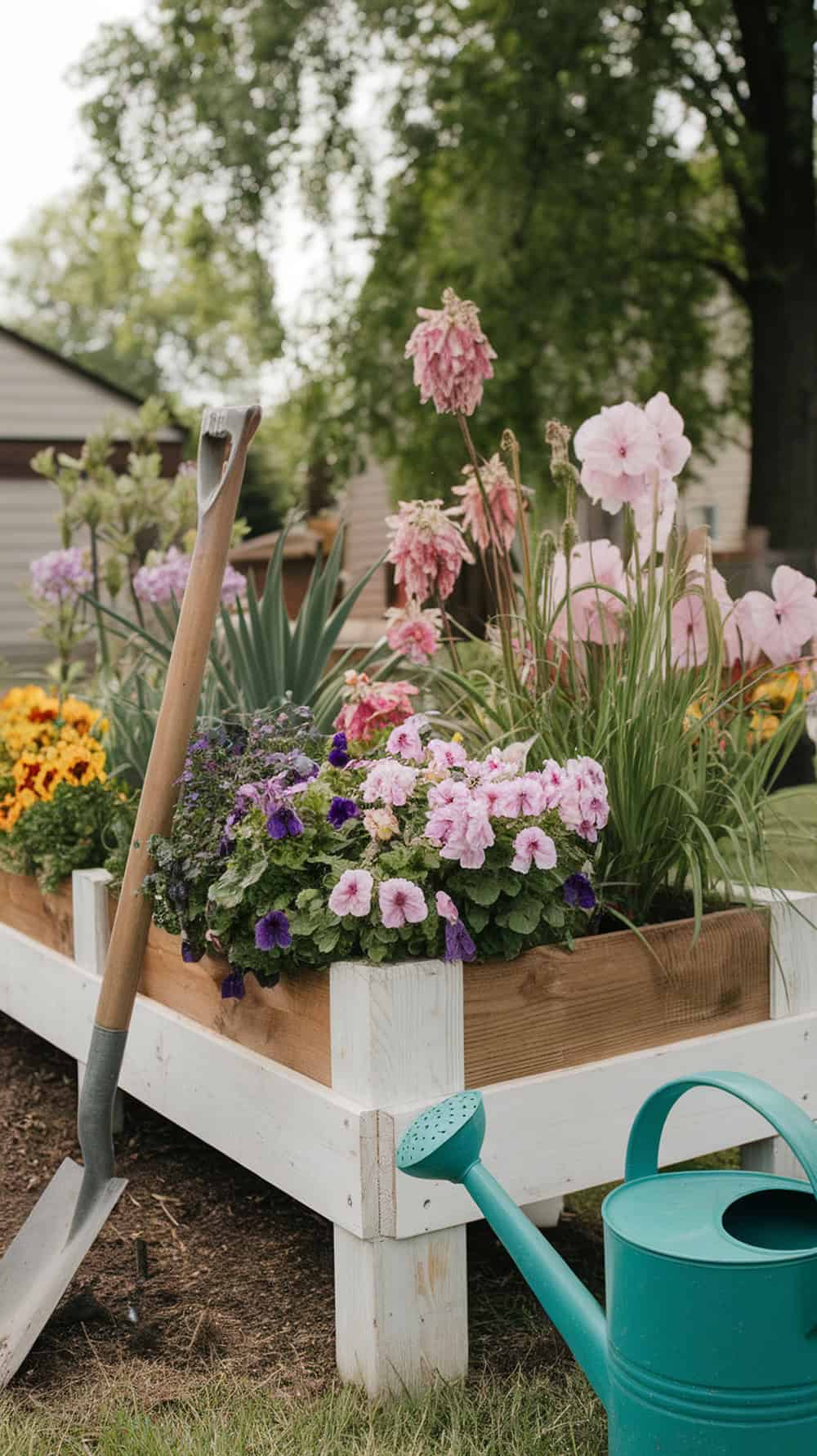 A raised wooden garden bed filled with pink and purple flowers, with a shovel leaning against it and a green watering can nearby.