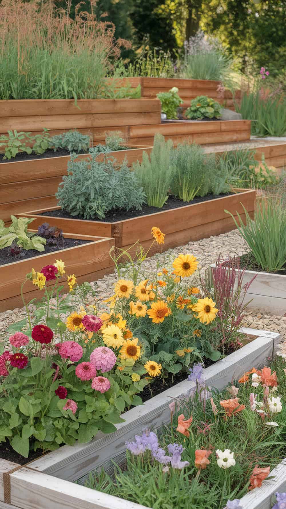 A tiered garden with wooden planters, filled with a variety of colorful flowers and green plants, set on a gravel path.