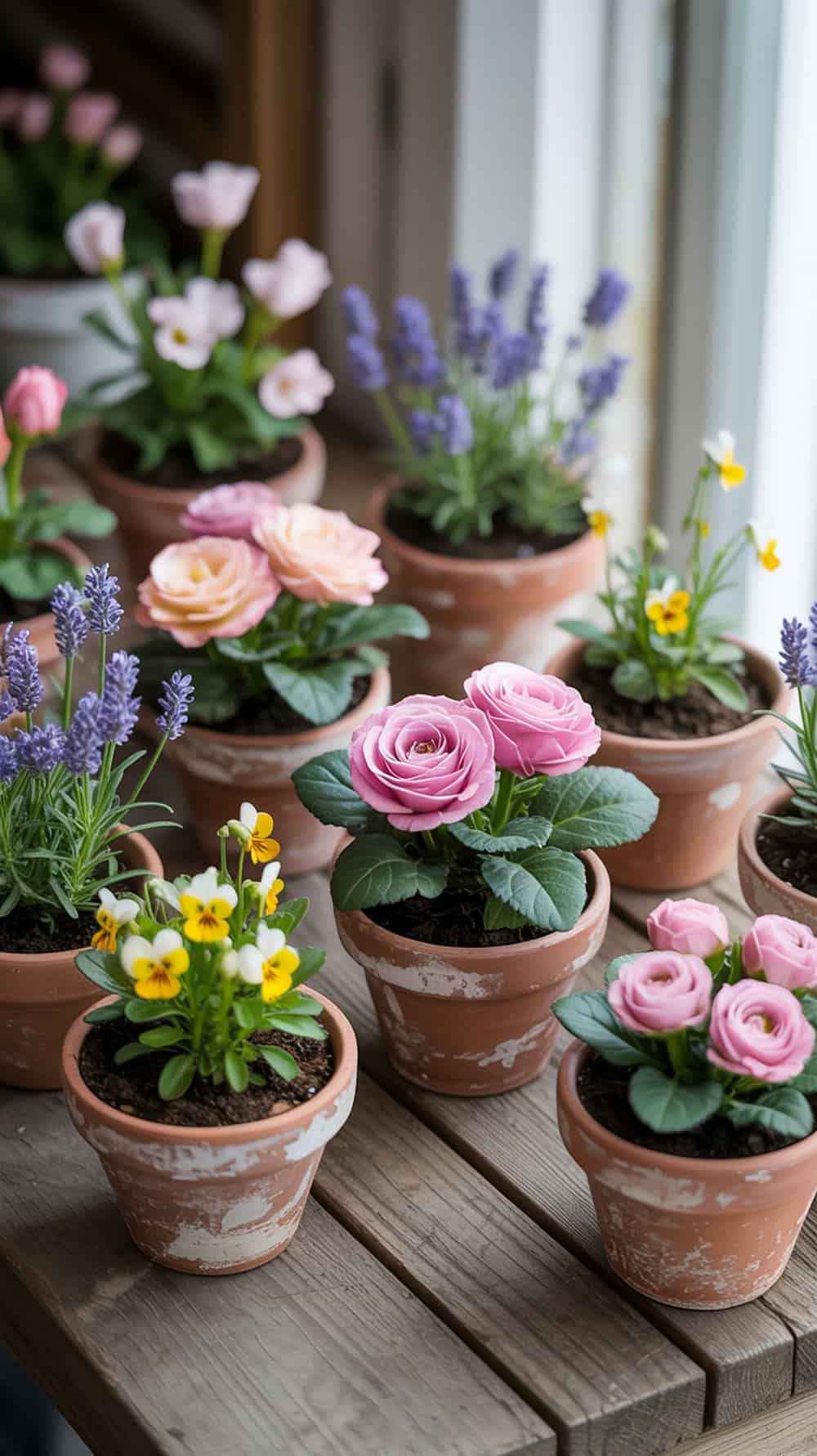 Various flowering plants, including roses, lavender, and yellow violets, in terracotta pots on a wooden surface.