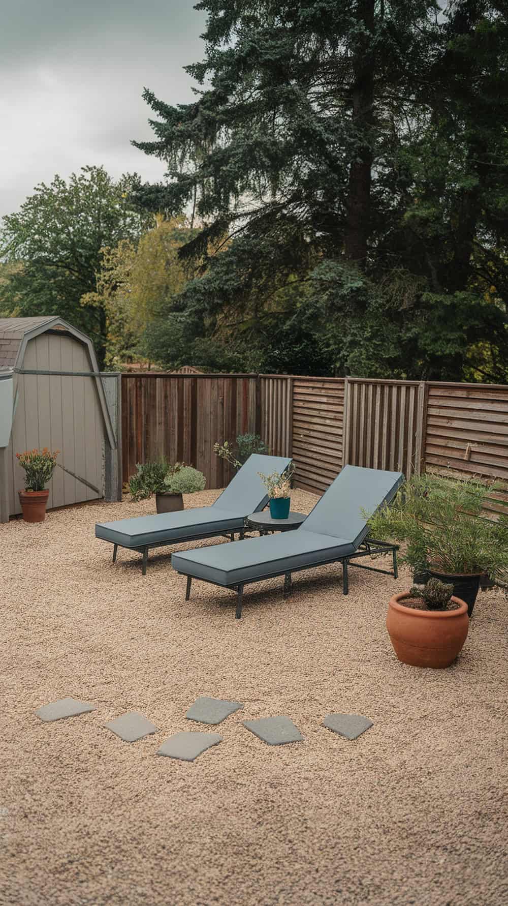 Two blue lounge chairs on gravel next to potted plants in a fenced backyard with a small shed.