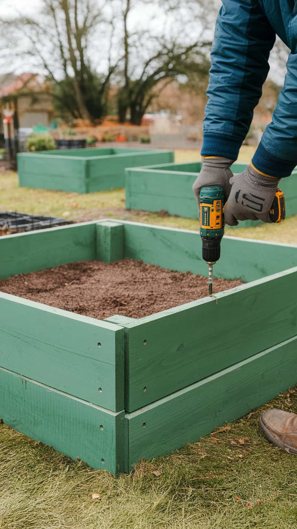 A person using a cordless drill to assemble a green wooden garden bed outdoors.