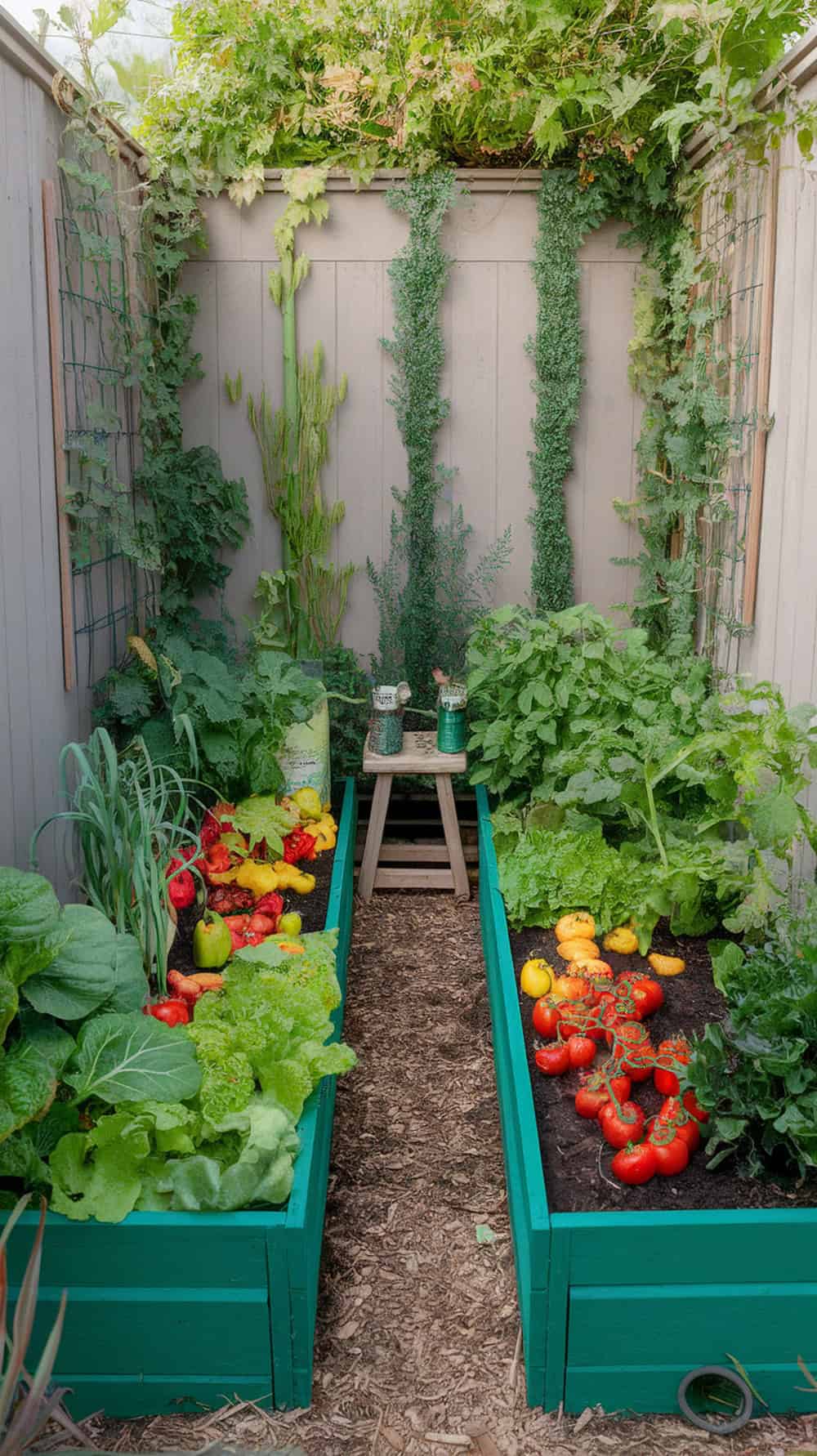 A small, lush vegetable garden with two raised beds filled with tomatoes, peppers, and leafy greens, surrounded by a wooden fence.