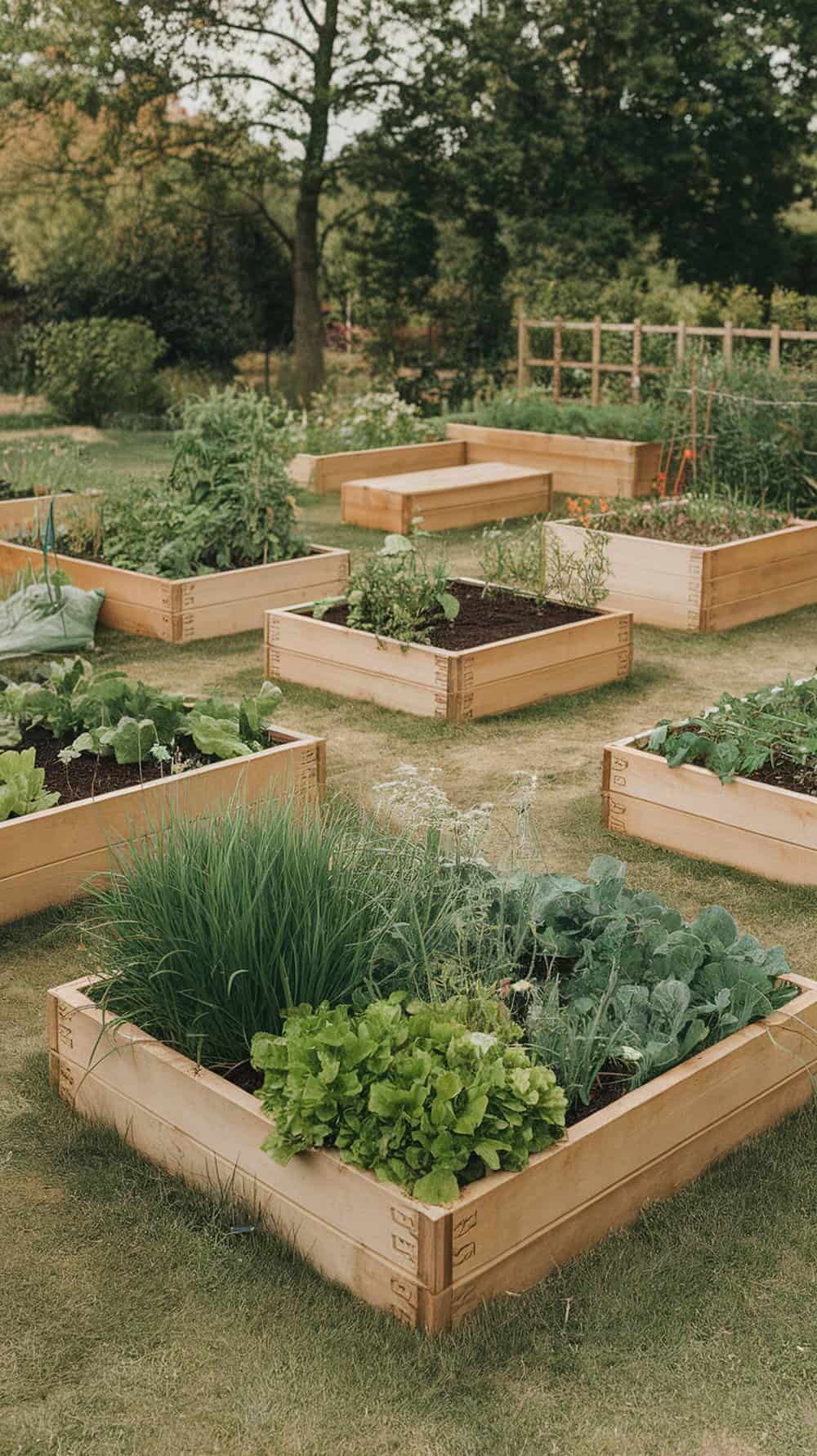 Wooden raised garden beds filled with various vegetables and herbs are arranged on a grassy area, with trees in the background.