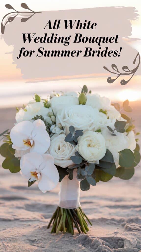 A white wedding bouquet with roses and orchids, set on a sandy beach at sunset.