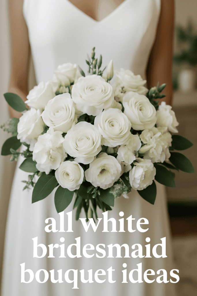 A bride holds a bouquet of white roses and greenery with text "all white bridesmaid bouquet ideas" overlaid.