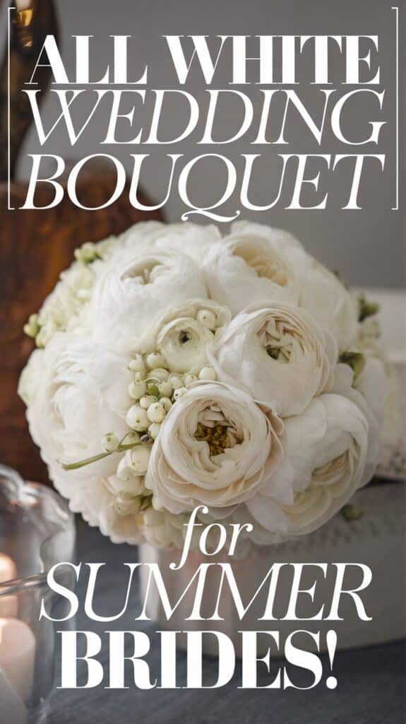 A bouquet of white roses and ranunculus with text "All White Wedding Bouquet for Summer Brides!"