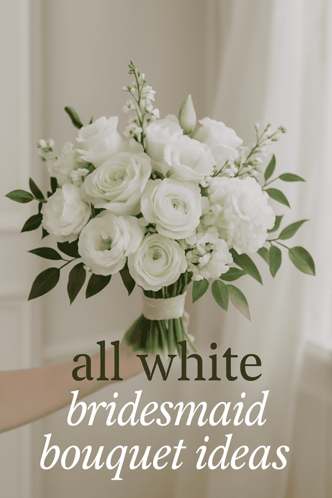 A hand holding a bouquet of white roses and other flowers, with text saying "all white bridesmaid bouquet ideas."