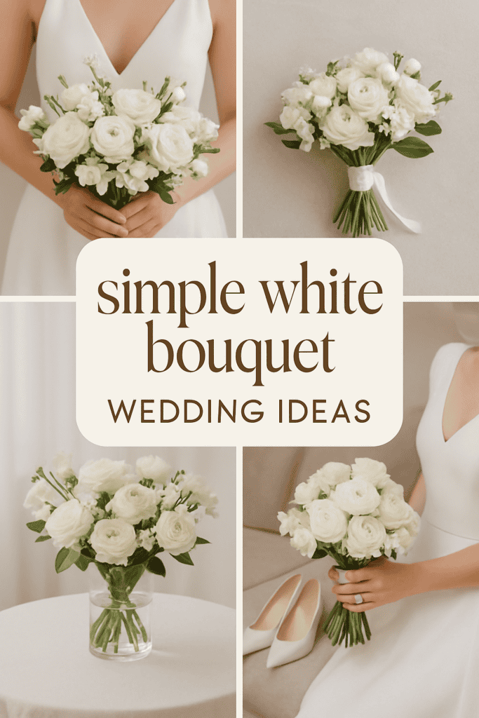 Collage of simple white bridal bouquets in different arrangements, with the text "simple white bouquet wedding ideas" in the center.