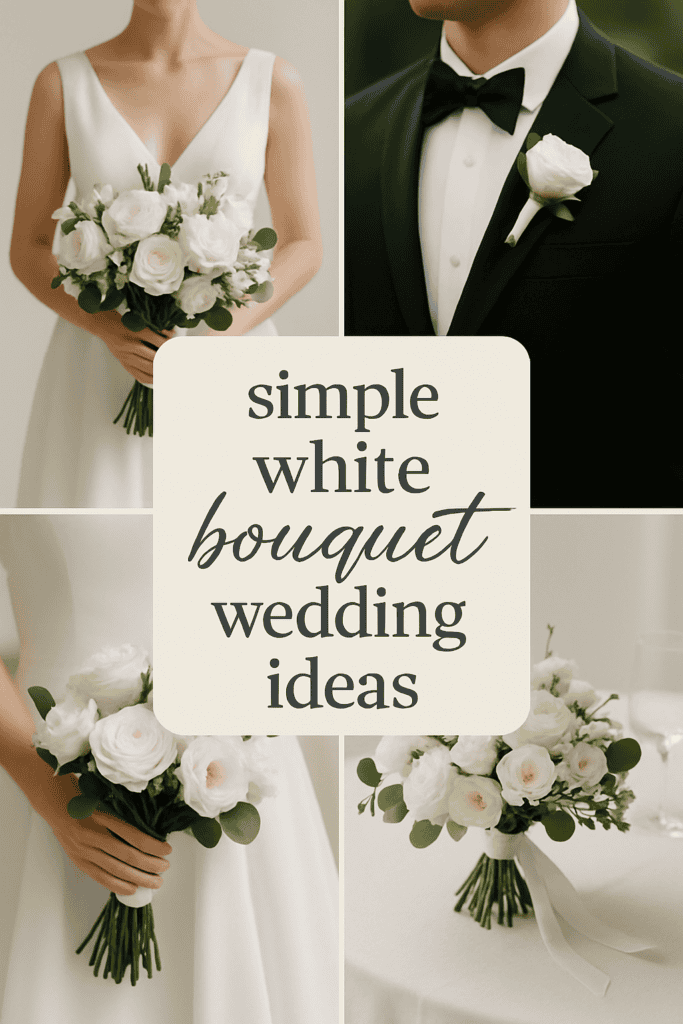 Collage of elegant white flower bouquets held by a bride and groom, with text "simple white bouquet wedding ideas."