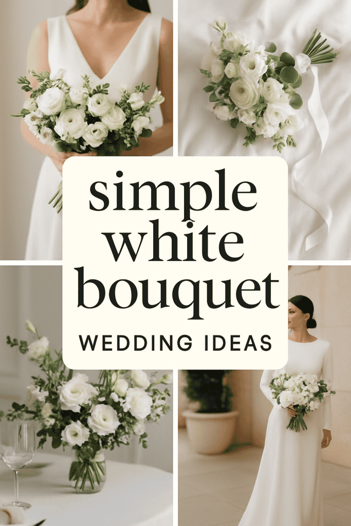 Collage featuring a bride with a bouquet of white flowers, text reading "simple white bouquet, wedding ideas."