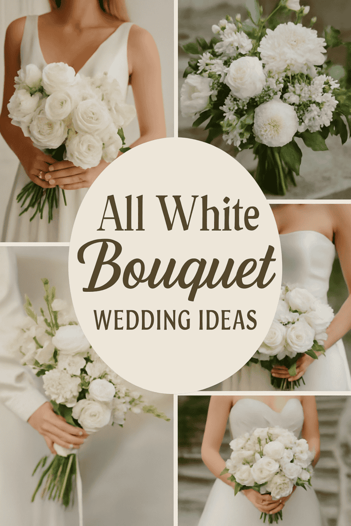 Collage of bridal bouquets with white flowers and text: "All White Bouquet Wedding Ideas."