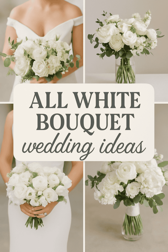 A selection of white flower bouquets in various arrangements, with the text "All White Bouquet Wedding Ideas."
