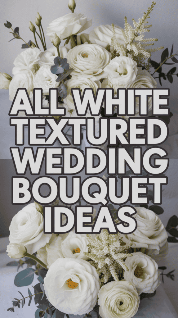 A bouquet of white flowers with textured blooms and greenery, overlaid with text saying "All White Textured Wedding Bouquet Ideas."