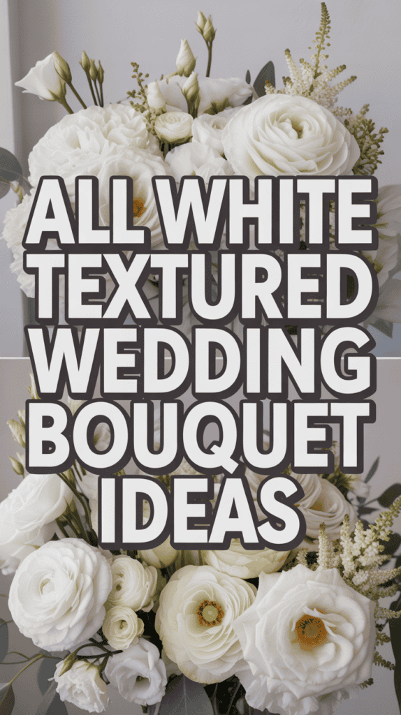 White floral bouquets with text overlay: "All White Textured Wedding Bouquet Ideas."