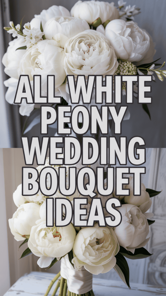 A bouquet of white peonies with large text reading "All White Peony Wedding Bouquet Ideas."