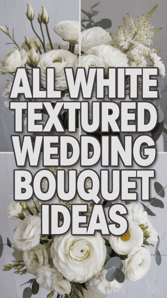 A collage of white wedding bouquets with text "All White Textured Wedding Bouquet Ideas" overlaid.