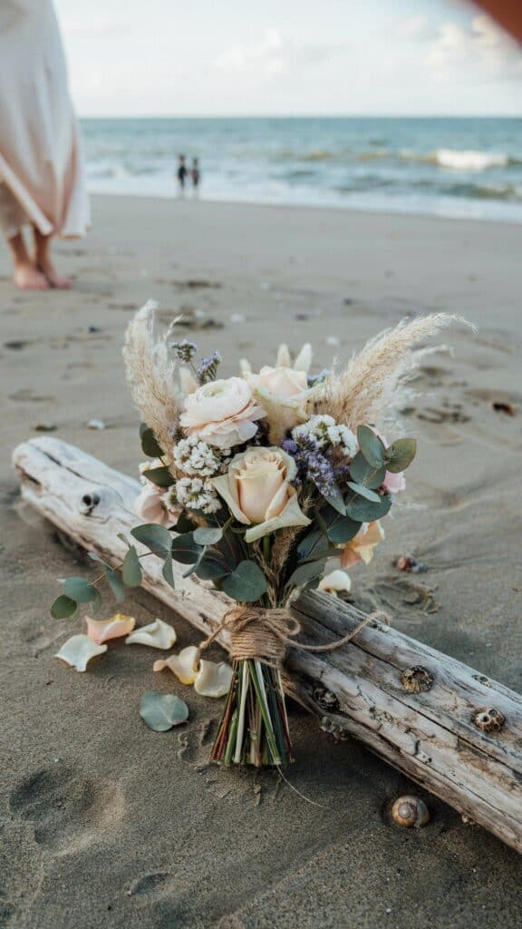 A bouquet of roses and wildflowers rests on driftwood on a sandy beach, with ocean waves in the background.