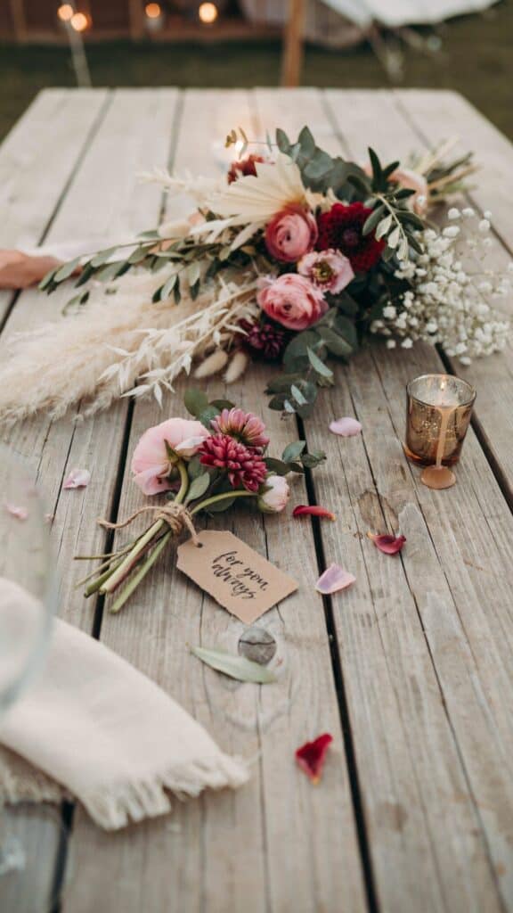 A bouquet of pink and red flowers with greenery lies on a rustic wooden table, surrounded by scattered petals and a small candle.