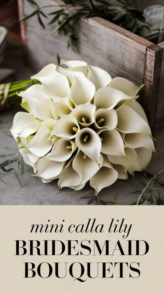 White mini calla lily bouquet with text reading "mini calla lily Bridesmaid Bouquets" on a table with greenery.
