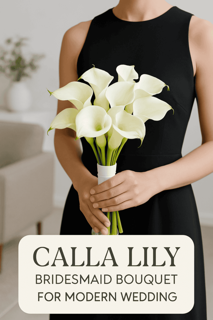 Person in a black dress holding a bouquet of calla lilies, with text about a bridesmaid bouquet for a modern wedding.