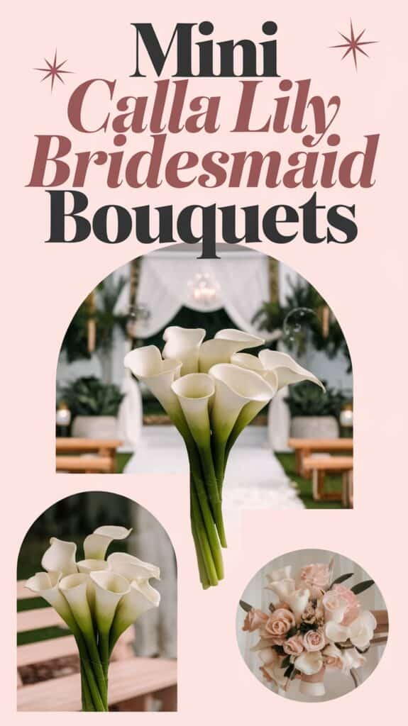 A collage showcasing mini calla lily bridesmaid bouquets with a decorative background and elegant typography.