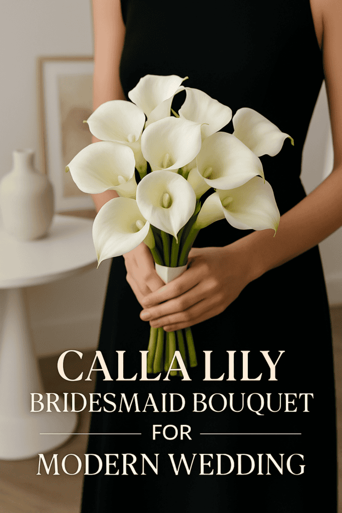 A person holding a bouquet of white calla lilies with the text "Calla Lily Bridesmaid Bouquet for Modern Wedding" below.