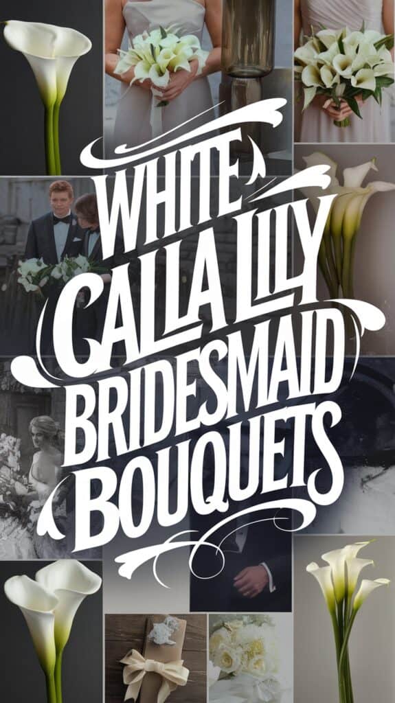 Collage of white calla lily bridesmaid bouquets with elegant typography in the center.