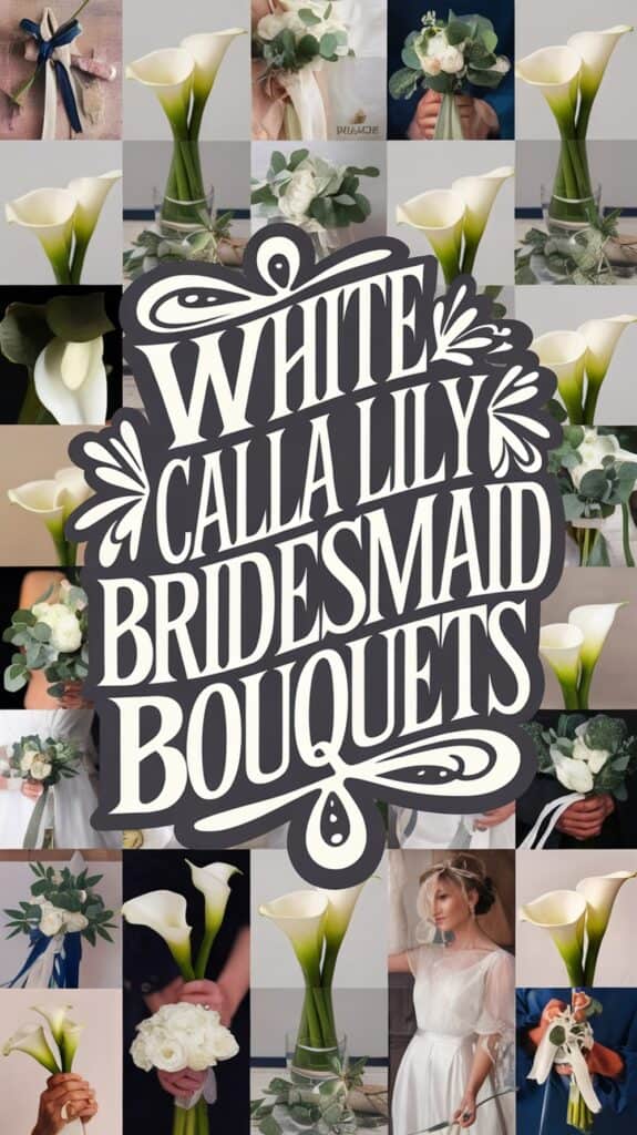 Collage of various white calla lily bridesmaid bouquets with a central decorative text overlay.
