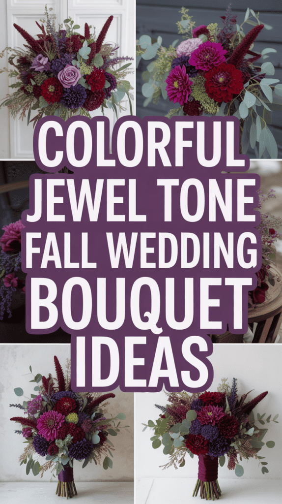 A collage of jewel-toned floral bouquets with text reading "Colorful Jewel Tone Fall Wedding Bouquet Ideas."